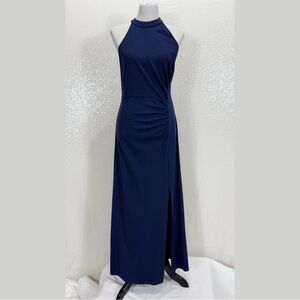 Grace Karin Navy Blue Halter Maxi Dress Women’s Ruched Side Slit Evenings Size L